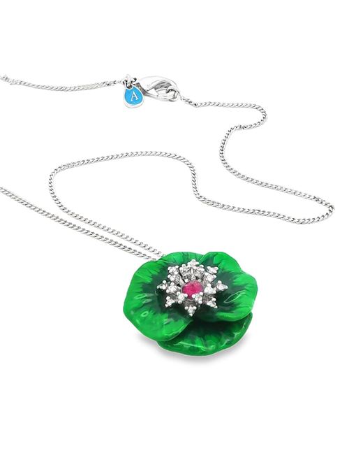 Collana con cristalli e rubini, smalto verde, a forma di fiore. GOCCIAZZURRA JEWELS | CLBLOSSOMRODIOVERDE